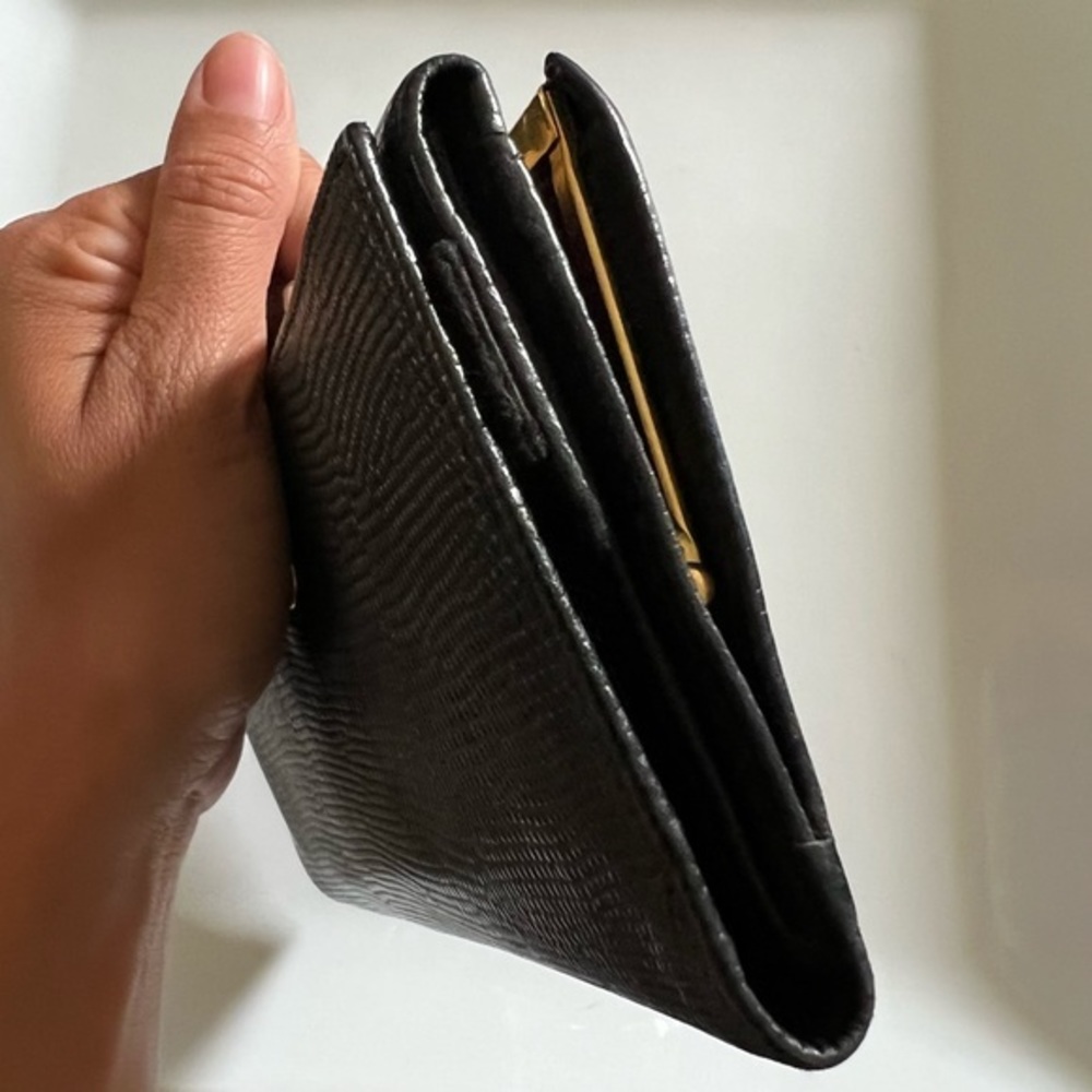SALVATORE FERRAGAMO Leather Black Embossed Wallet Gold Checkbook Coin Holder - Picture 7 of 7